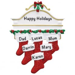 Red Stocking Mantle Family of 6 Personalized Christmas Ornament