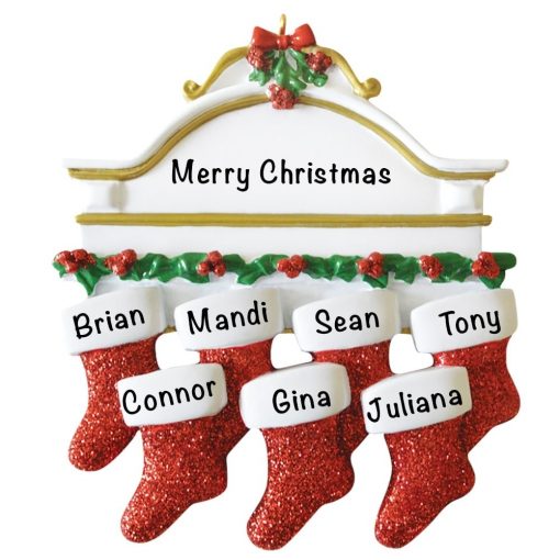 Red Stocking Mantle Family of 7 Personalized Christmas Ornament