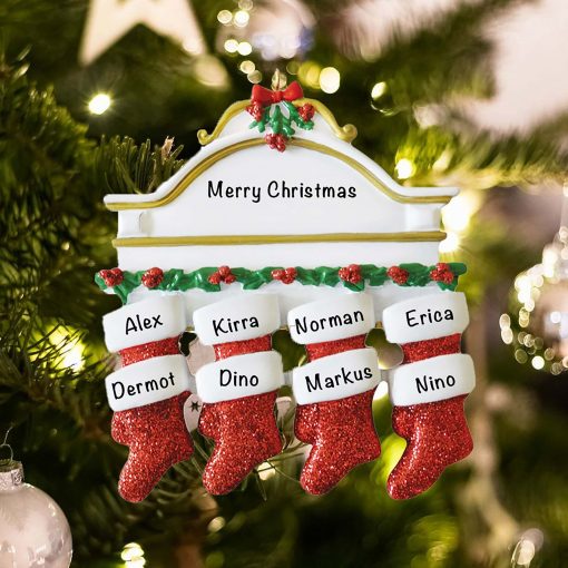 Personalized Red Stockings Mantle Family of 8 Christmas Ornament