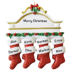 Red Stocking Mantle Family of 8 Personalized Christmas Ornament
