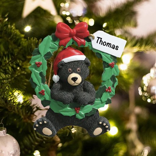 Personalized Black Bear Wreath Christmas Ornament