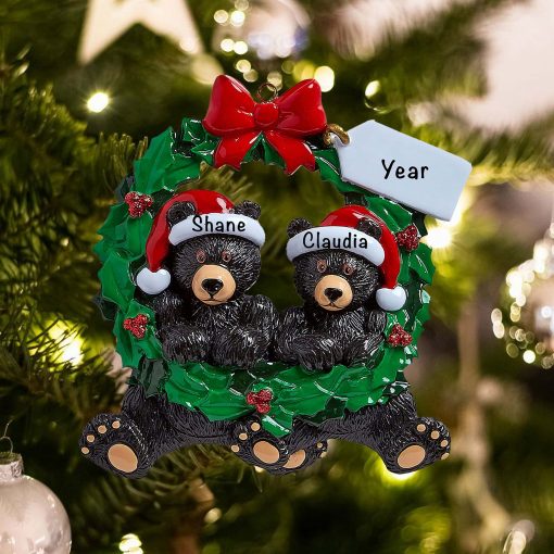 Personalized Black Bear Couple Wreath Christmas Ornament
