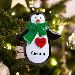 Personalized Penguin Red Heart Christmas Ornament