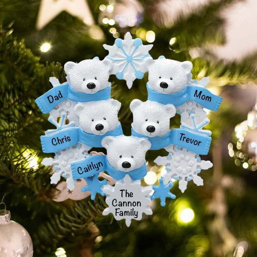 Personalized Polar Bear Family of 5 Christmas Ornament
