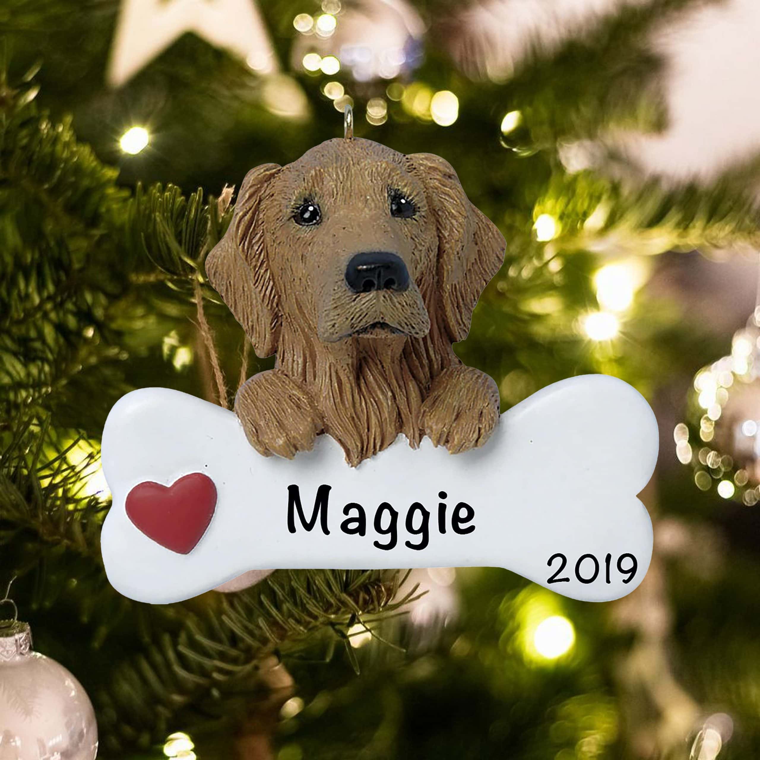 GOLDEN RETRIEVER DOG ON BONE WITH HEART PERSONALIZED ORNAMENT