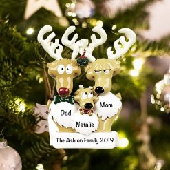 Personalized Reindeer Family of 3 Christmas Ornament