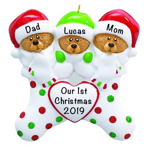 Stocking Cap Bears Family of 3 Personalized Christmas Ornament