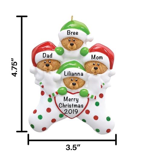 Stocking Bears Family of 4 Personalized Christmas Ornament
