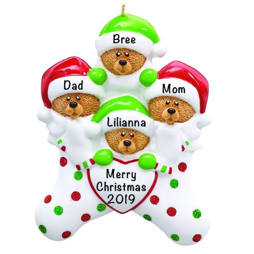 Stocking Cap Bears Family of 4 Personalized Christmas Ornament