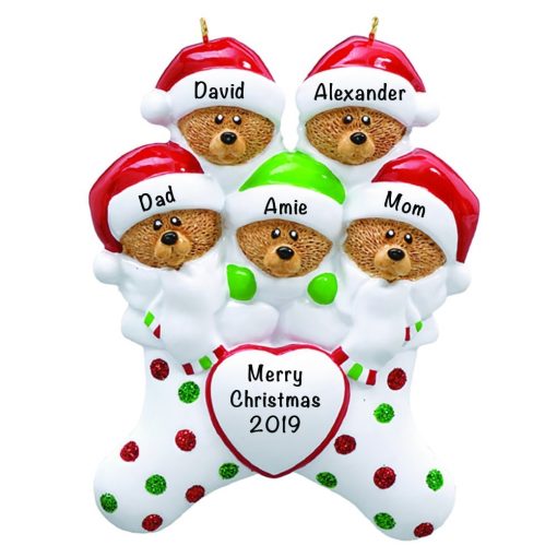 Stocking Cap Bears Family of 5 Personalized Christmas Ornament