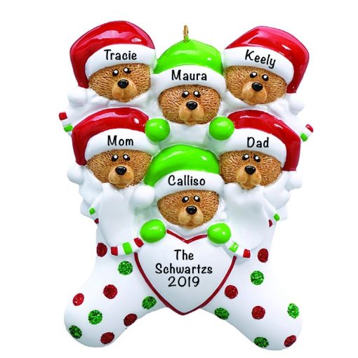 Stocking Cap Bears Family of 6 Personalized Christmas Ornament