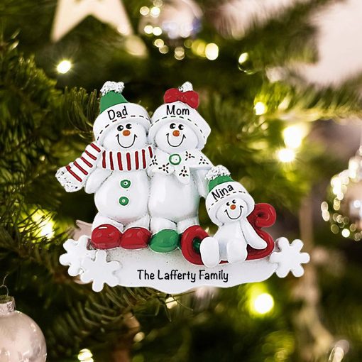 Personalized Snowman Sled Family of 3 Christmas Ornament