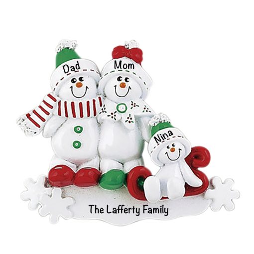 Snowman Sled Family of 3 Personalized Christmas Ornament