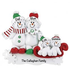 Snowman Sled Family of 4 Personalized Christmas Ornament