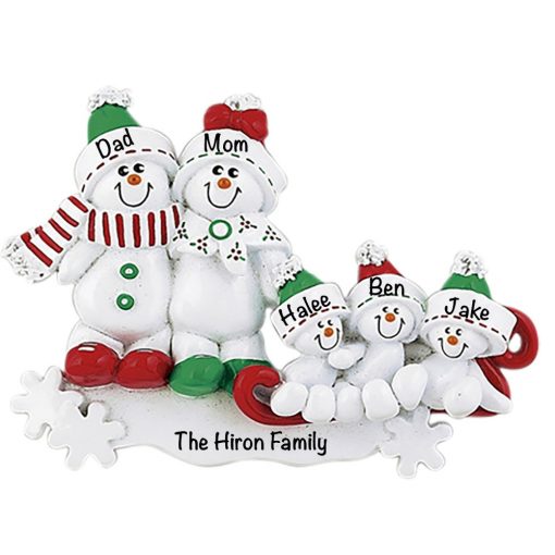 Snowman Sled Family of 5 Personalized Christmas Ornament