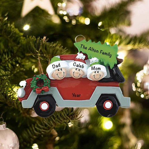Personalized Car with Tree On Top Family of 3 Christmas Ornament