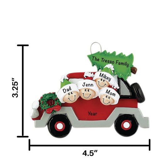 Car with Tree Family of 4 Personalized Christmas Ornament