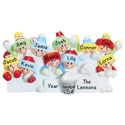 Snowball Fight Family of 10 Personalized Christmas Ornament