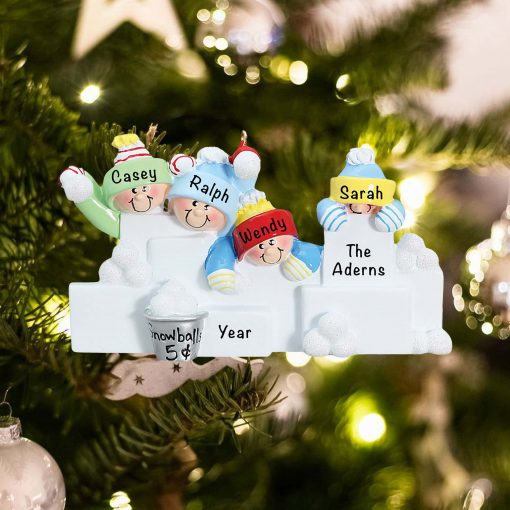 Personalized Snowball Fight Family of 4 Christmas Ornament