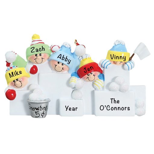 Snowball Fight Family of 5 Personalized Christmas Ornament