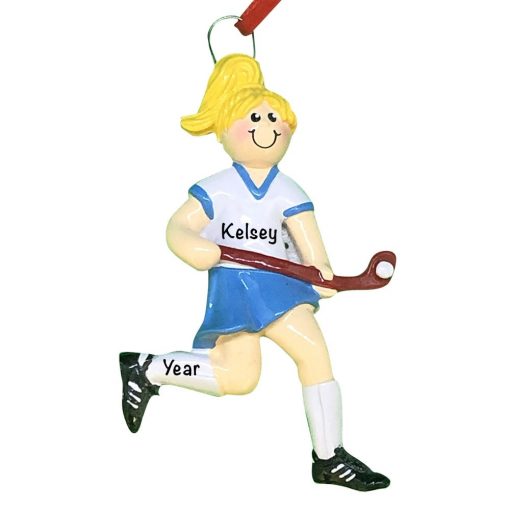 Girl Field Hockey Blonde Personalized Christmas Ornament