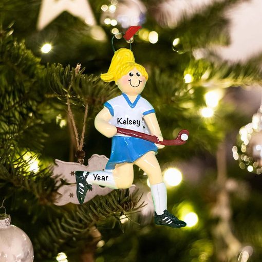 Personalized Girl Field Hockey Blonde Christmas Ornament