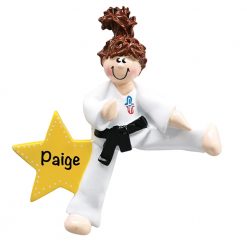 Karate Girl Brown Hair Personalized Christmas Ornament