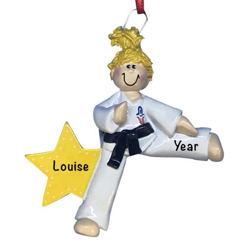 Karate Girl Blonde Personalized Christmas Ornament