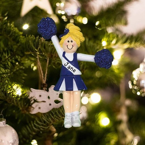 Personalized Blue Cheerleader Blonde Hair Christmas Ornament