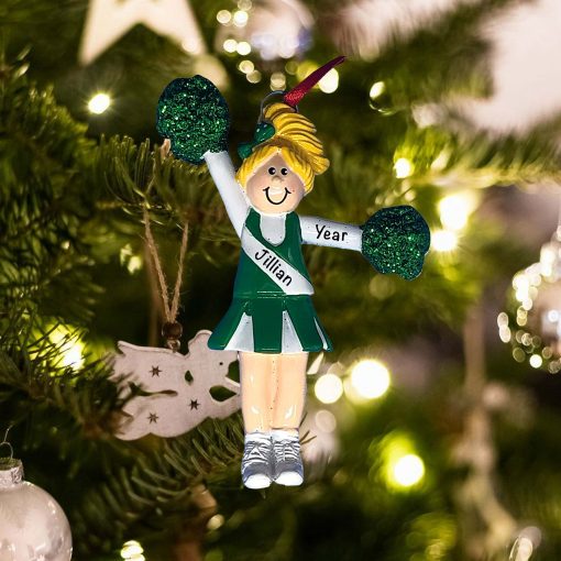 Personalized Green Cheerleader Blonde Christmas Ornament