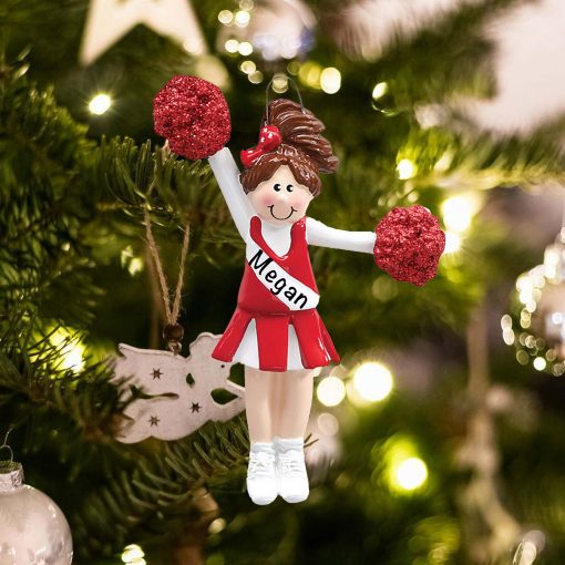 Personalized Red Cheerleader Brown Hair Christmas Ornament