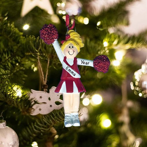 Personalized Red Cheerleader Blonde Hair Christmas Ornament