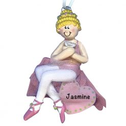 Ballerina Girl Sitting On Heart Blonde Personalized Christmas Ornament