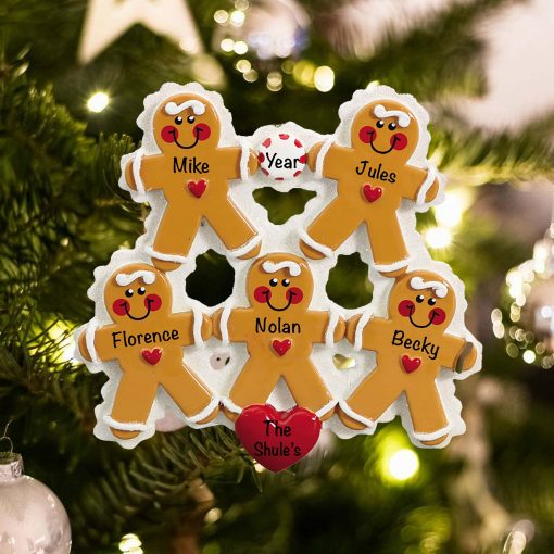 Personalized Gingerbread Family of 5 Christmas Ornament