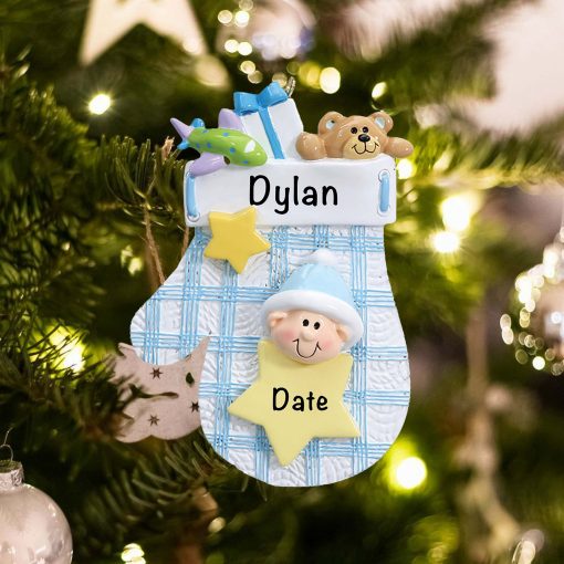 Personalized Blue Plaid Mitten Christmas Ornament