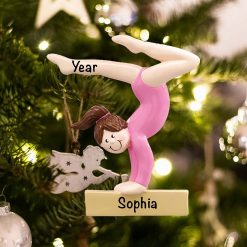 Personalized Gymnast on Beam Brown Hair Christmas Ornament