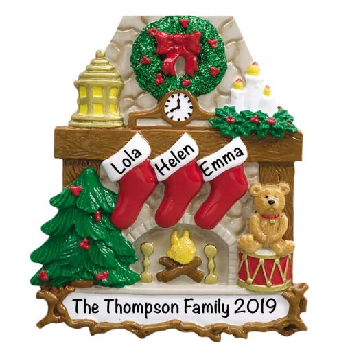 Fireplace Stockings Family of 3 Personalized Christmas Ornament