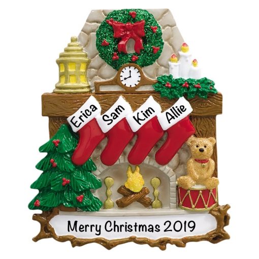 Fireplace Stockings Family of 4 Personalized Christmas Ornament