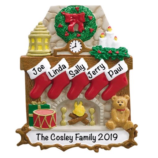 Fireplace Stockings Family of 5 Personalized Christmas Ornament
