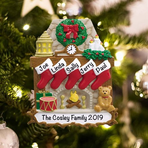 Personalized Fireplace Stockings Family of 5 Christmas Ornament