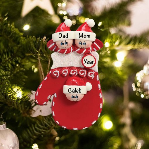 Personalized Red Mitten Family of 3 Christmas Ornament