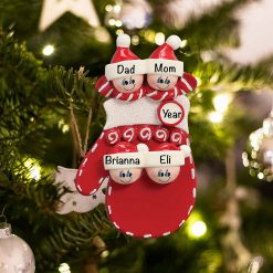Personalized Red Mitten Family of 4 Christmas Ornament