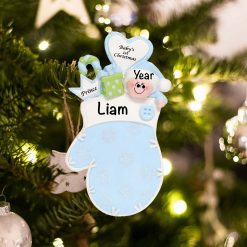 Personalized Blue Baby First Mitten Christmas Ornament
