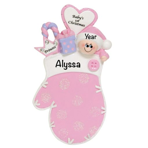 Baby's 1st Christmas Pink Princess Mitten Personalized Christmas Ornament