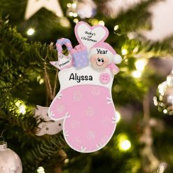 Personalized Pink Baby First Mitten Christmas Ornament
