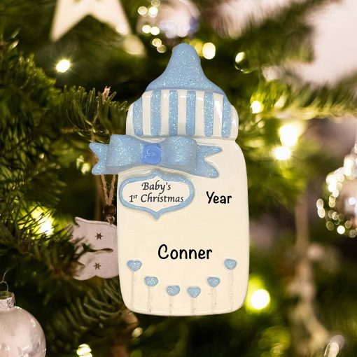 Personalized Babys First Bottle Blue Christmas Ornament