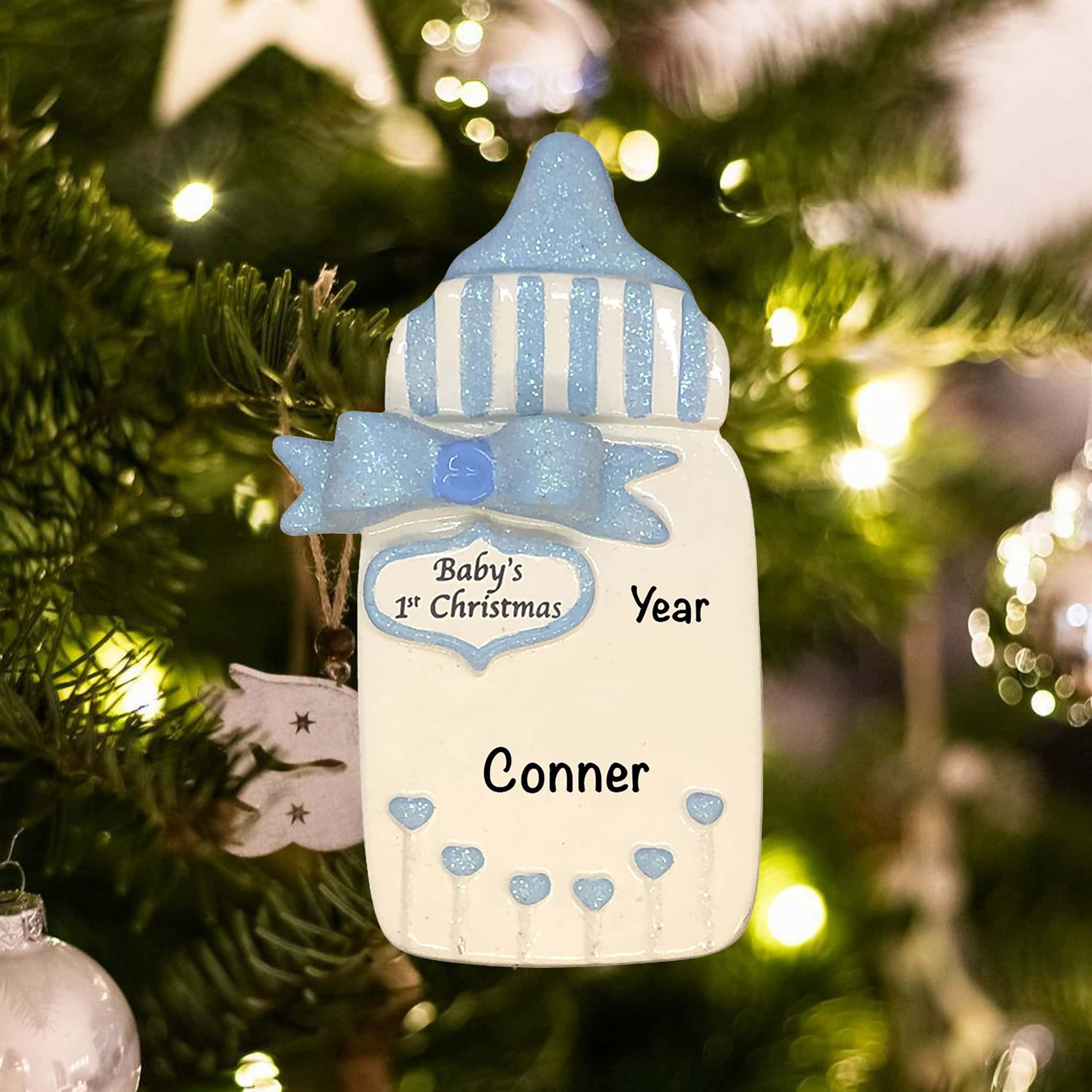 Personalized Baby Boy's First Christmas Ornament Blue Present Newborn Grandson 