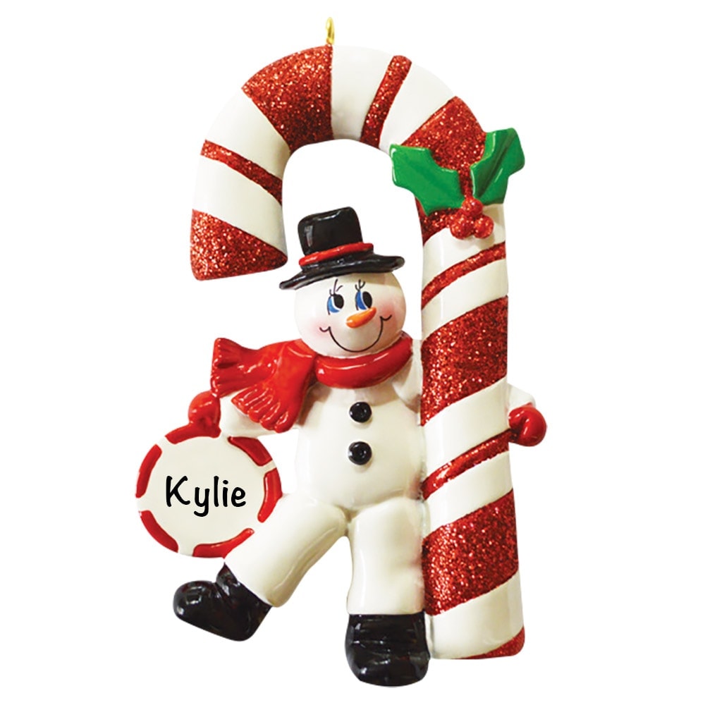 Snowman Candy Cane Personalized Christmas Ornament