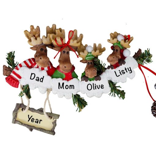Moose Family of 4 Personalized Christmas Ornament