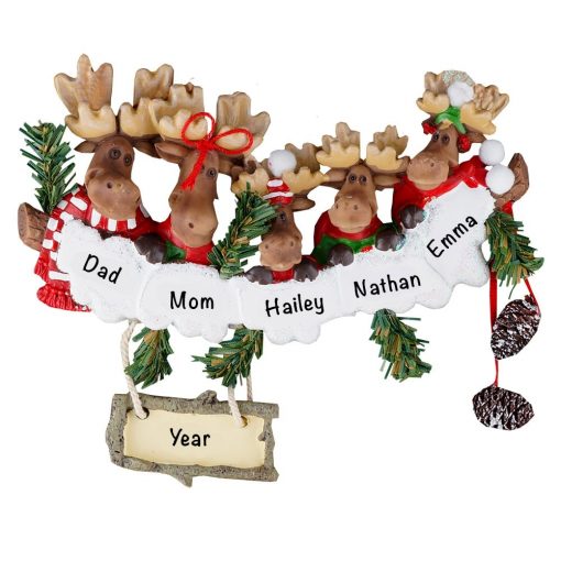 Moose Family of 5 Personalized Christmas Ornament